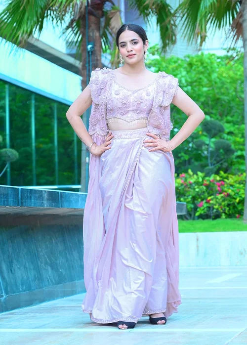 Mauve pink Indowestern crop top skirt adorned shrug with drape vastrachowk