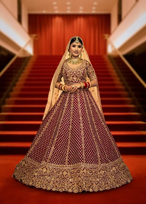 Maroon Color Velvet Wedding Lehenga