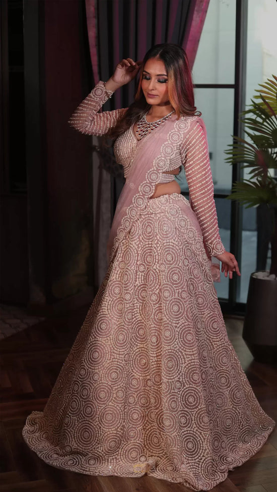 Load image into Gallery viewer, Mauve crop top lehenga in western design
