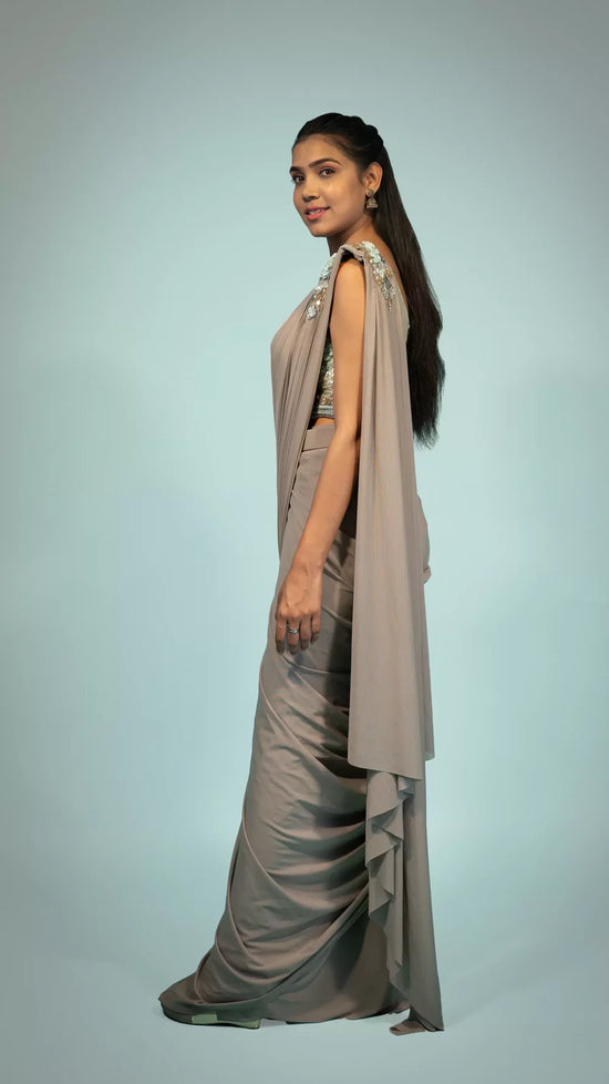 Load image into Gallery viewer, Smoke Gray lycra drape saree
