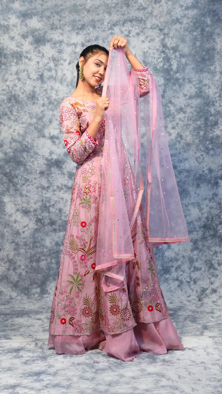 Pink Indowestern Anarkali costume in Italian georgette for a party