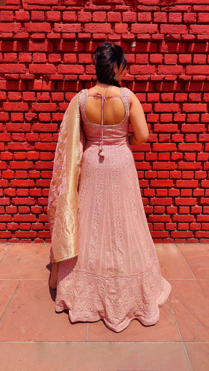 Anarkali outfit in peach chikankari