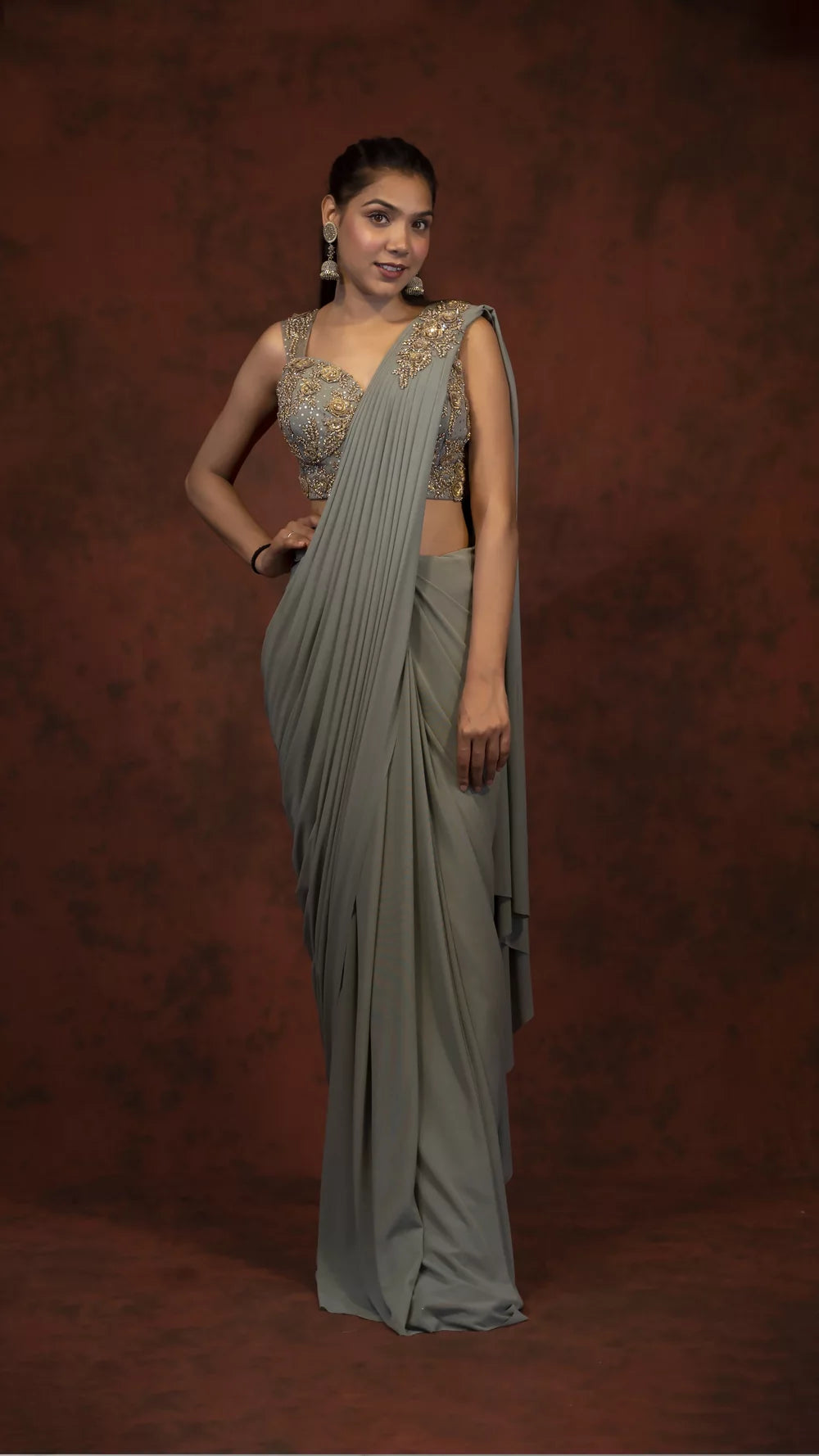 Green pleated drape saree from Russia