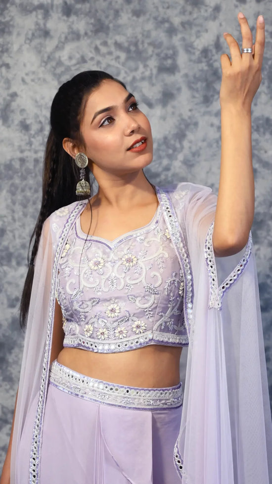 Load image into Gallery viewer, Shrugged lilac crop top dhoti
