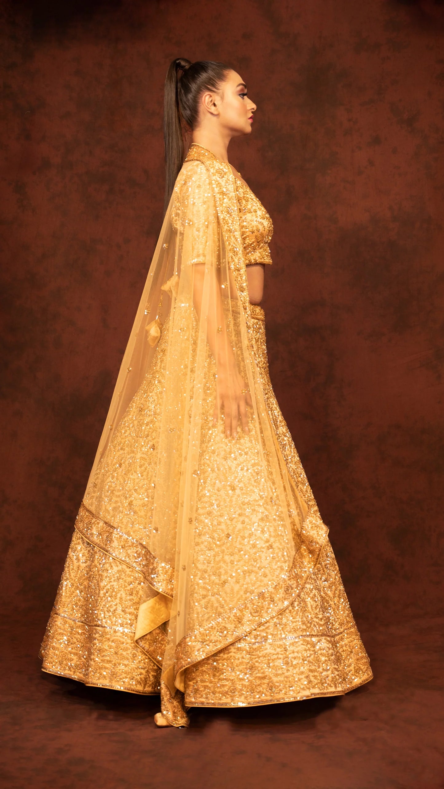 Load image into Gallery viewer, Golden heavy traditional lehenga in kaftan silk
