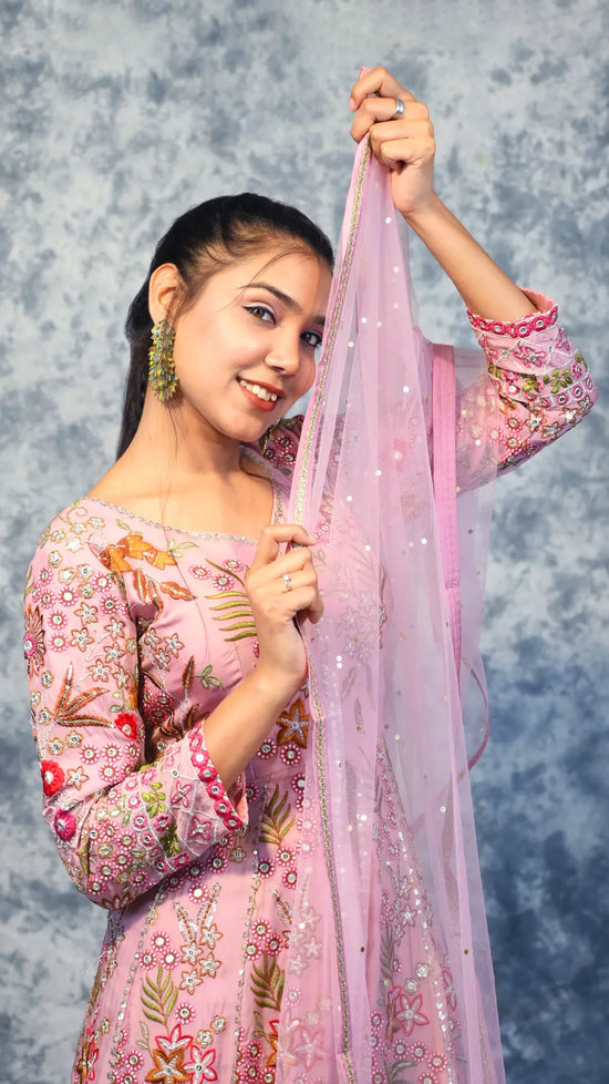 Load image into Gallery viewer, Pink Indowestern Anarkali costume in Italian georgette for a party

