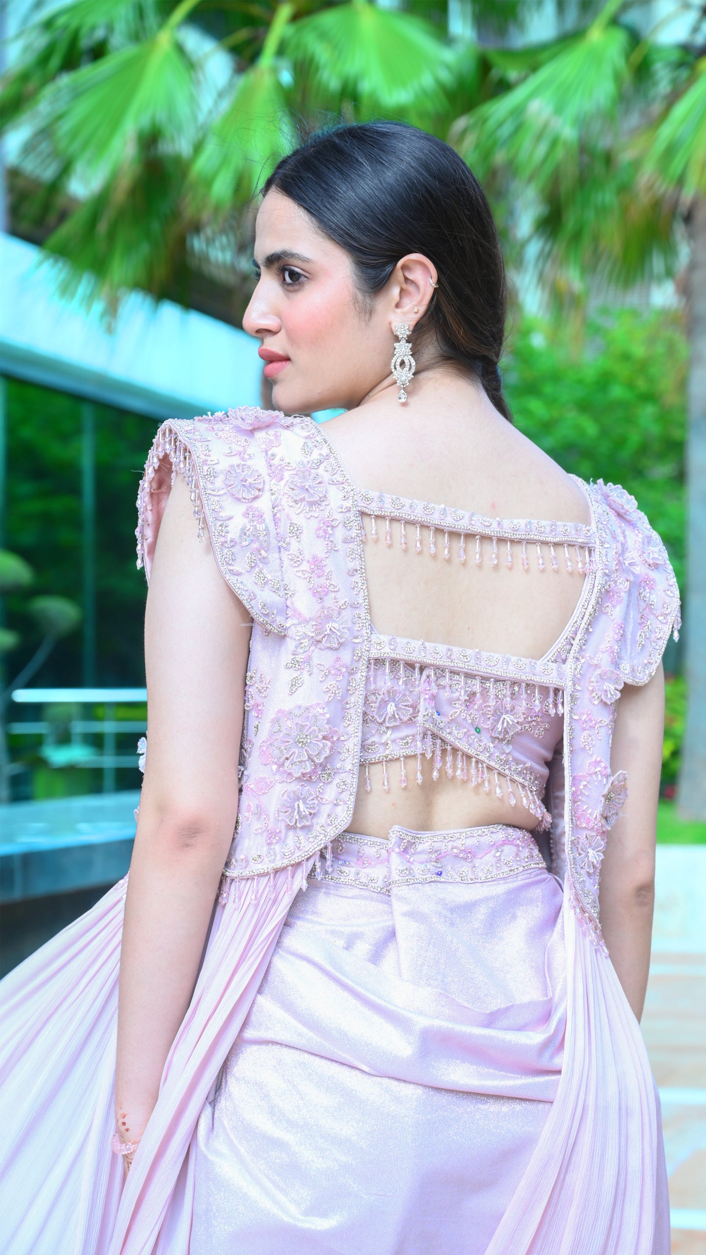 Load image into Gallery viewer, Mauve pink Indowestern crop top skirt adorned shrug with drape
