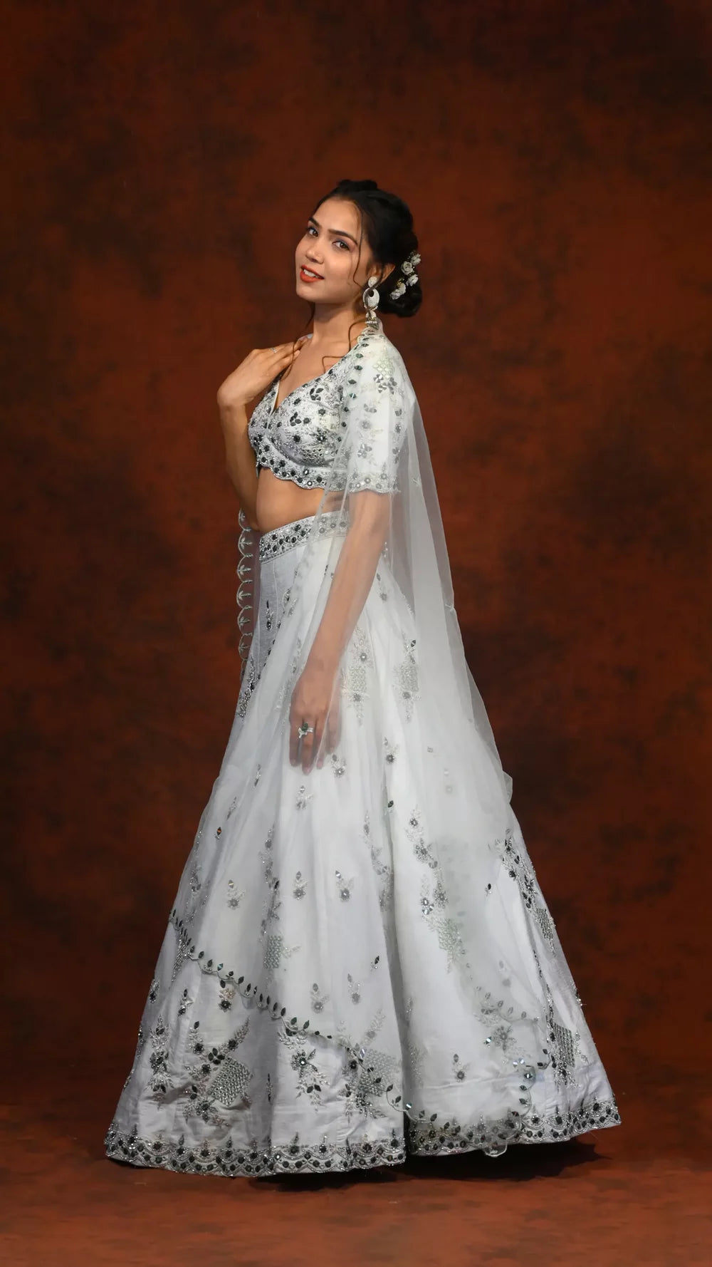 Load image into Gallery viewer, Traditional raw silk ice blue crop top lehenga
