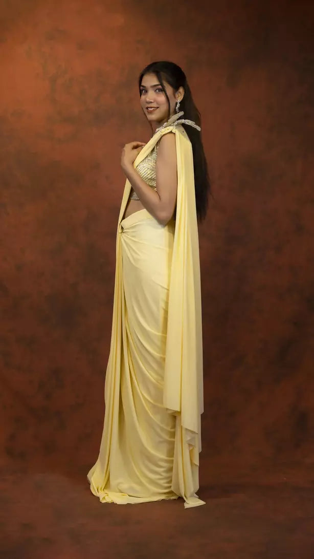 Saree with butter yellow pleated drape with crop top