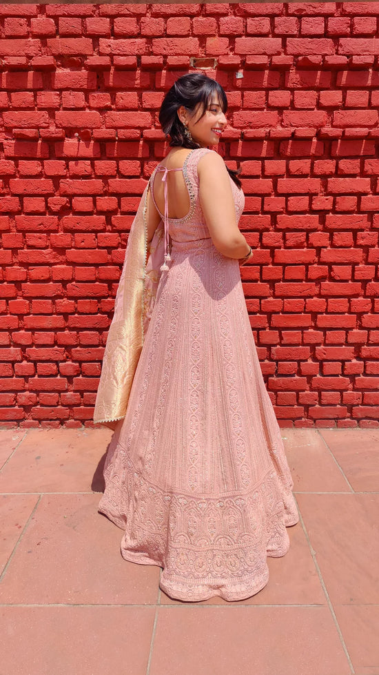 Load image into Gallery viewer, Anarkali outfit in peach chikankari
