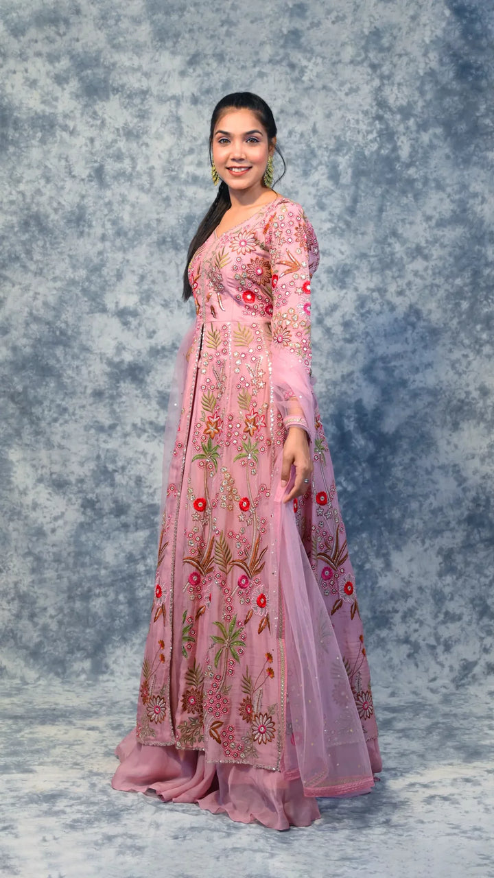 Pink Indowestern Anarkali costume in Italian georgette for a party