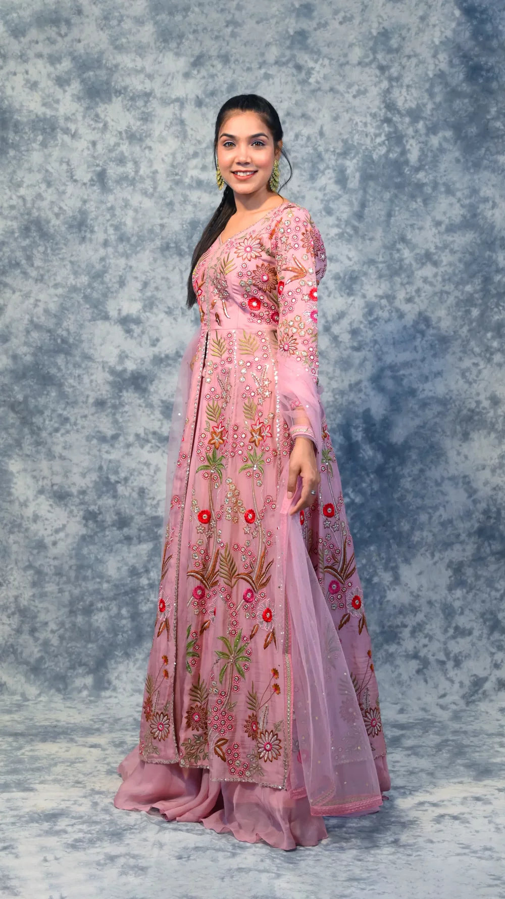 Load image into Gallery viewer, Pink Indowestern Anarkali costume in Italian georgette for a party
