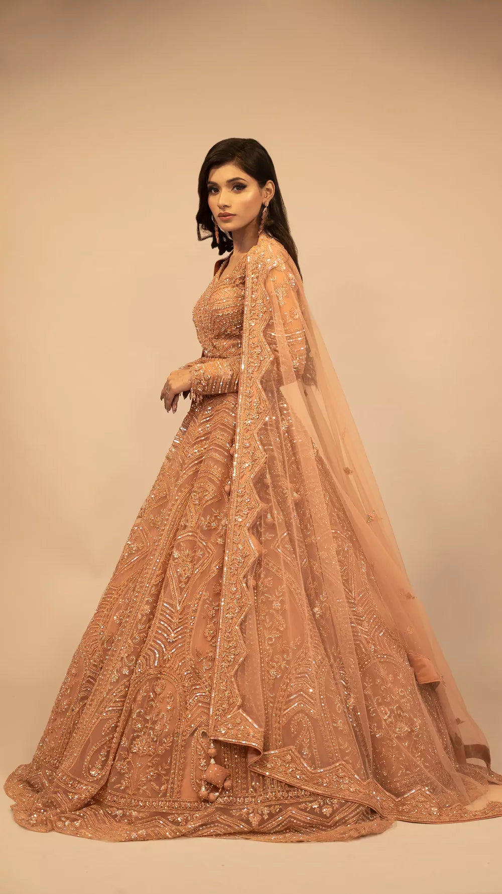 Load image into Gallery viewer, Lehenga in rose gold Indo western heavy crop top
