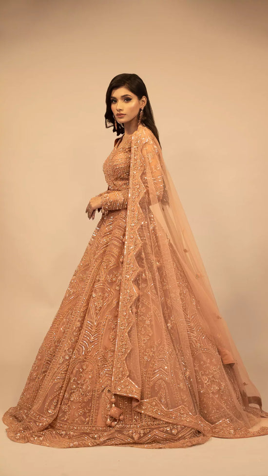 Load image into Gallery viewer, Lehenga in rose gold Indo western heavy crop top
