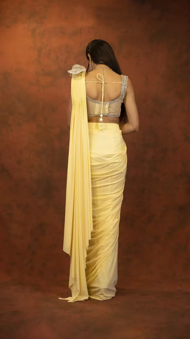 Saree with butter yellow pleated drape with crop top