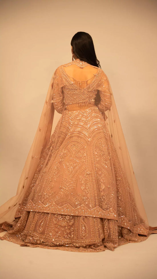 Load image into Gallery viewer, Lehenga in rose gold Indo western heavy crop top

