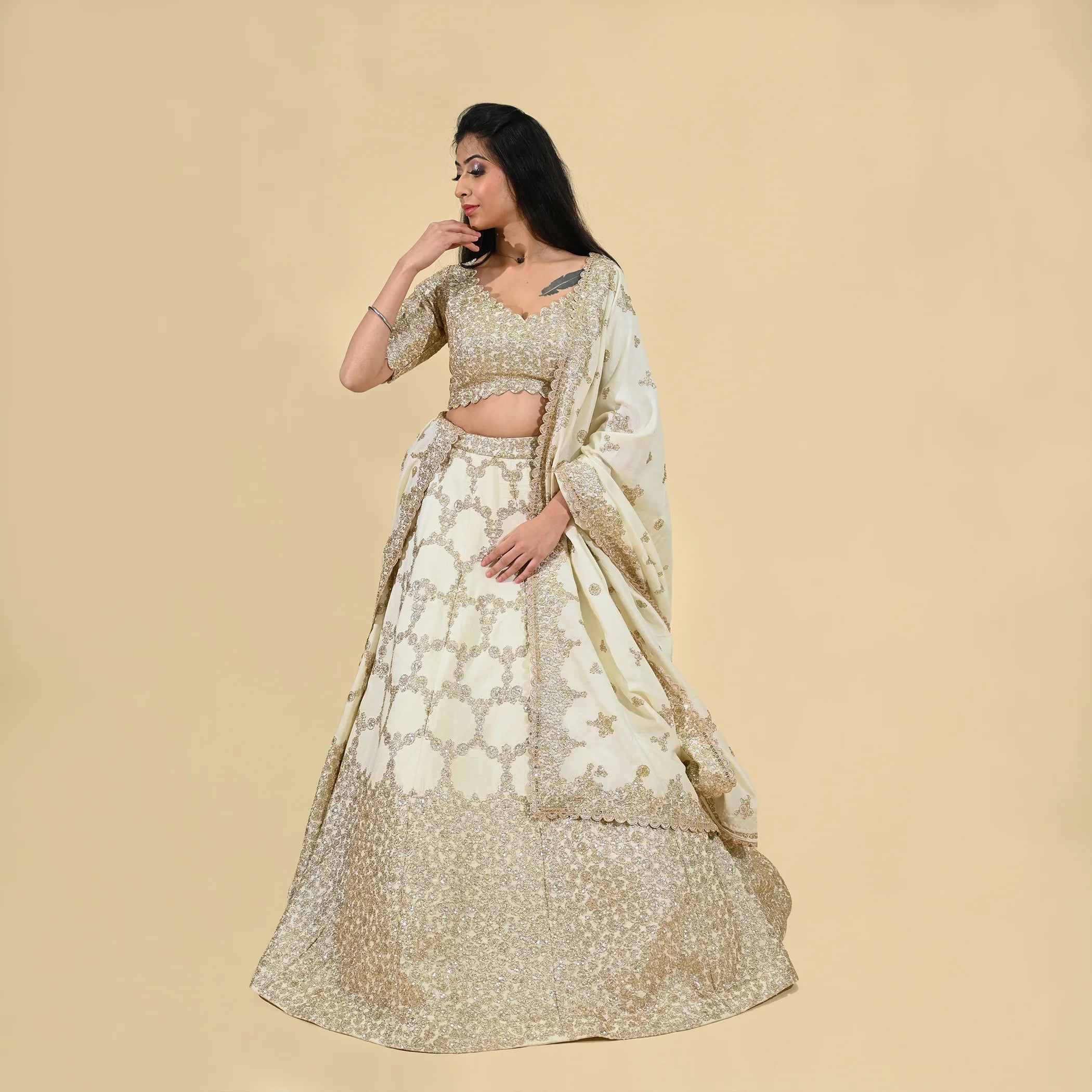 Beige Karva Chauth Lehenga Choli with Printed Art silk - LC5885