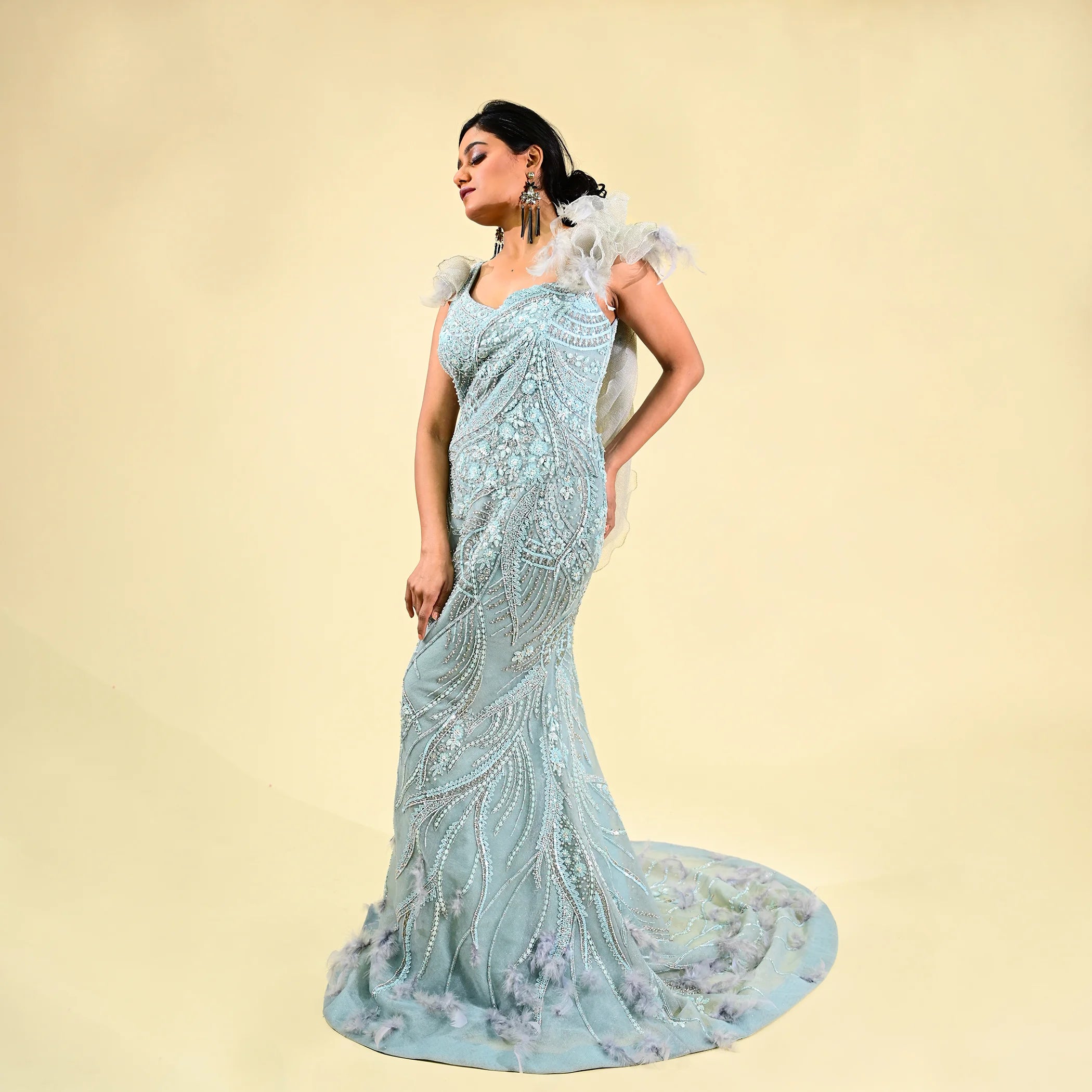 Buy Beige Fish-Cut Gown With 3D Feathers And Floral Motif Embroidery Kalki  Fashion India