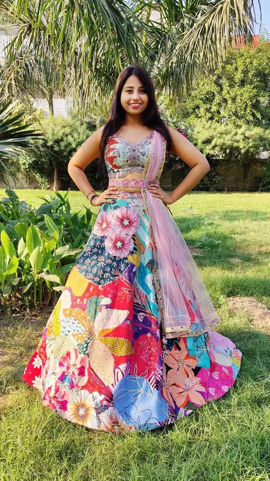 Lehenga with Abstract Print in Multi Colour