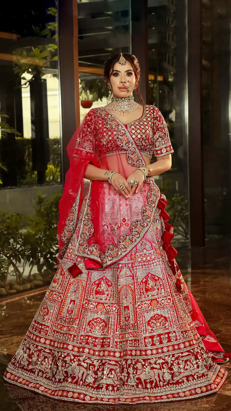 Scarlet Red Bridal Silk Lehenga With Gold Floral Detailing - Nitika Gujral-  Fabilicious Fashion