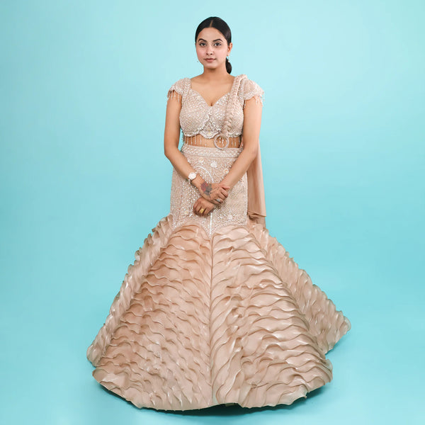 Beige Gold Drape Style Fish Cut Lehenga