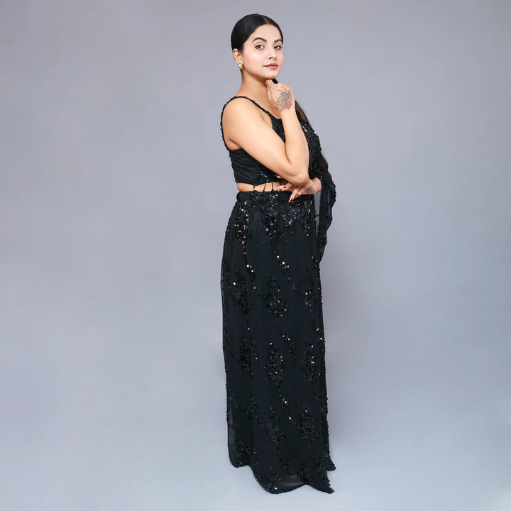 Black Crop Top with Drape Skirt - Vastrachowk