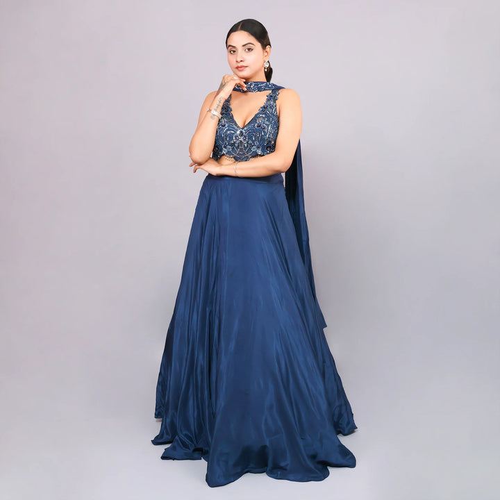 Blue Crop Top Lehenga with Choker Dupatta