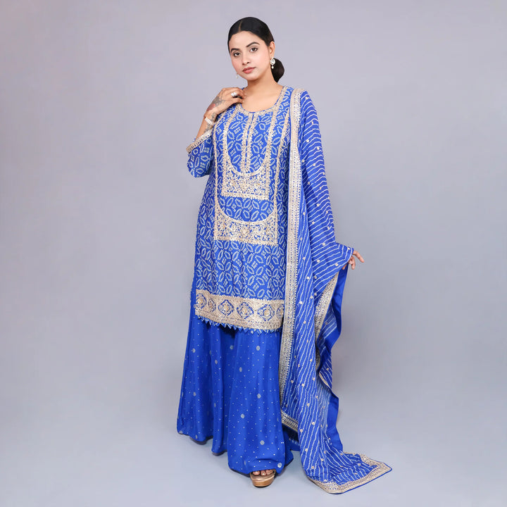 Blue Straight Shirt with Sharara & Chinnon Dupatta