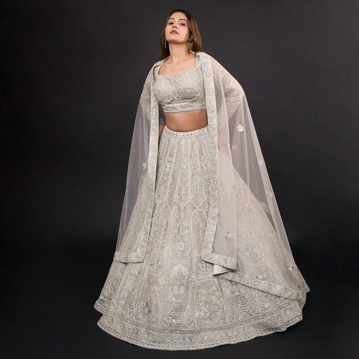 Ceremonial Crop Top Lehenga in Smog Grey-Vastrachowk