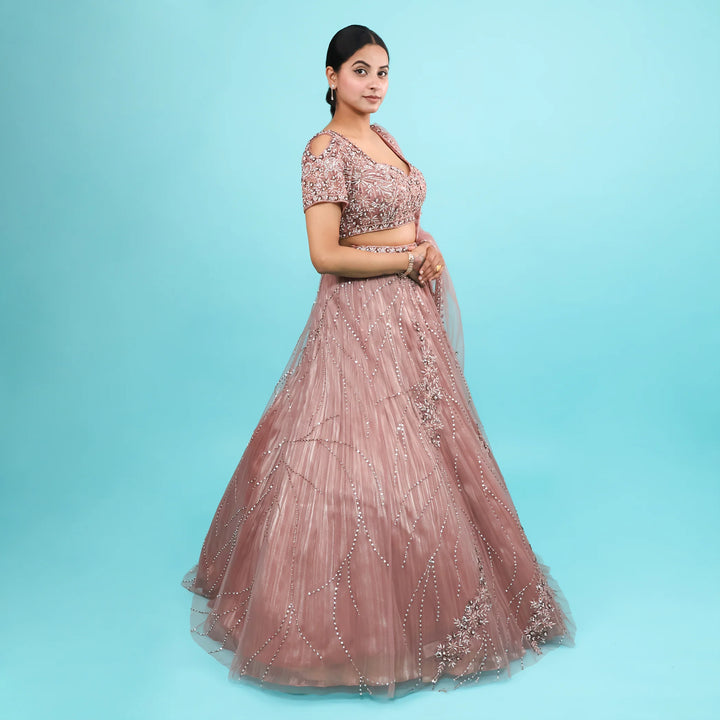 Ceremonial Crop Top Lehenga with Net Dupatta- Vastrachowk