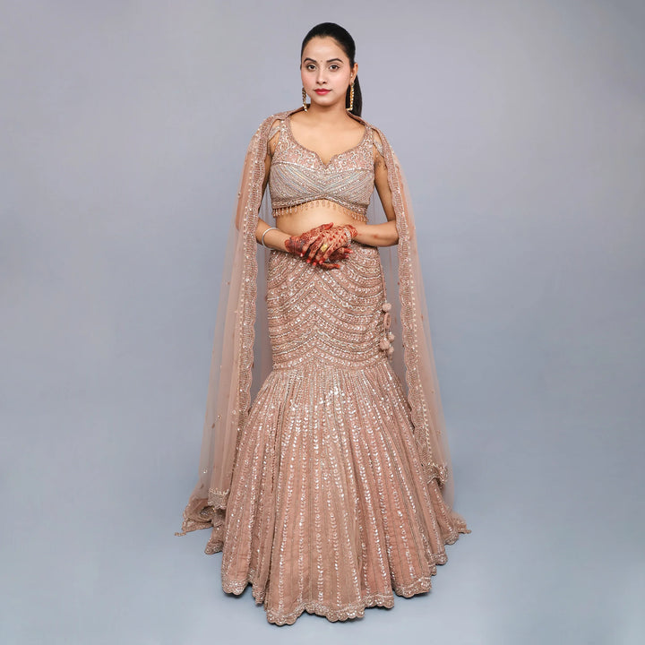 Ceremonial Crop Top Mermaid Style Lehenga- Vastrachowk