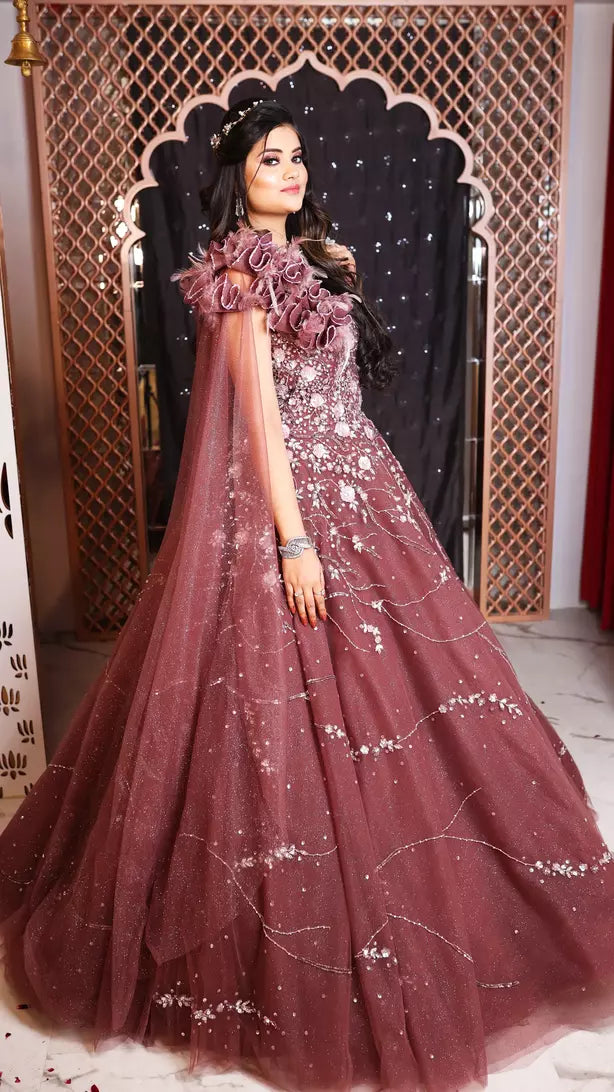 Dull Khaki Designer Heavy Embroidered Net Wedding Anarkali Gown  Sairas  Boutique
