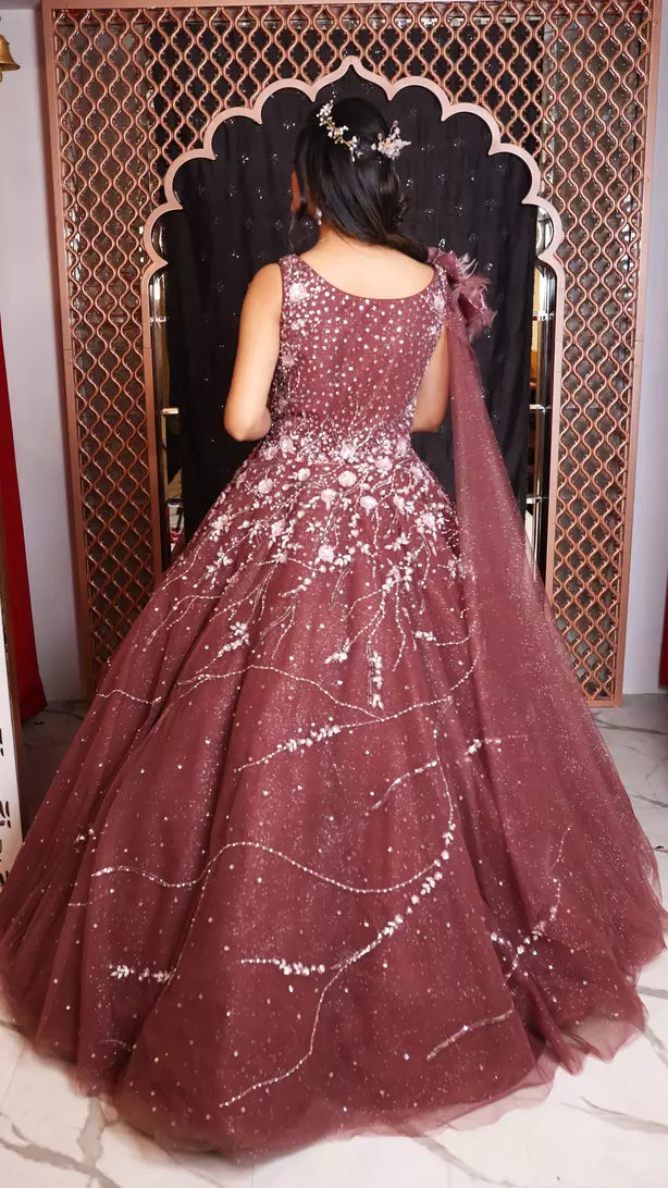 Coffee Ball Gown With Long Bell Sleeve