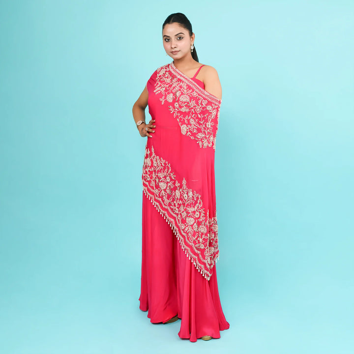 Crop Top Sharara with One-Shoulder Cape- Vastrachowk