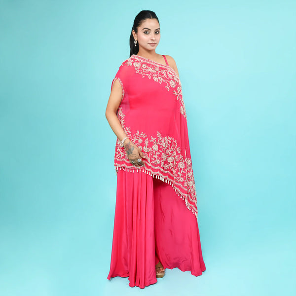 Crop Top Sharara with One-Shoulder Cape