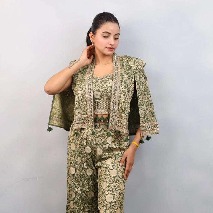 Crop Top Sharara with Shoulder Jacket- Vastrachowk