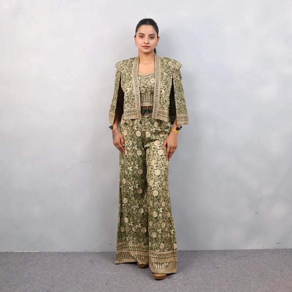 Crop Top Sharara with Shoulder Jacket