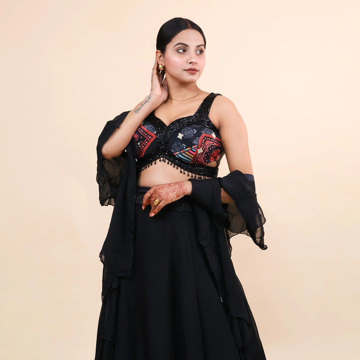 Crop Top Skirt with Ruffle Dupatta- Vastrachowk