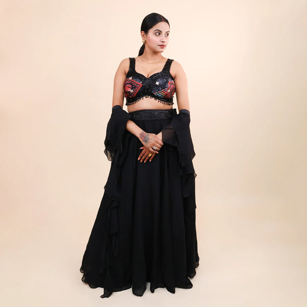 Crop Top Skirt with Ruffle Dupatta