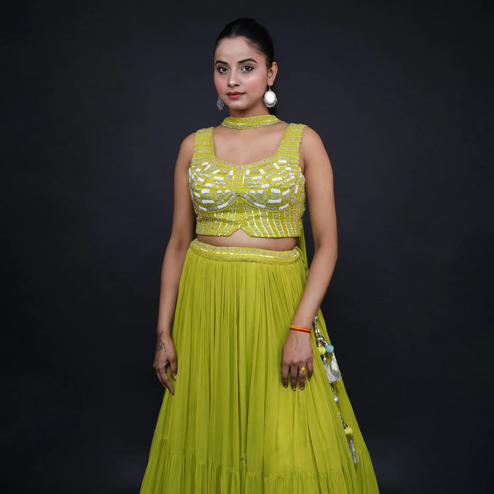 Crop top lehenga with choker dupatta- Vastrachowk