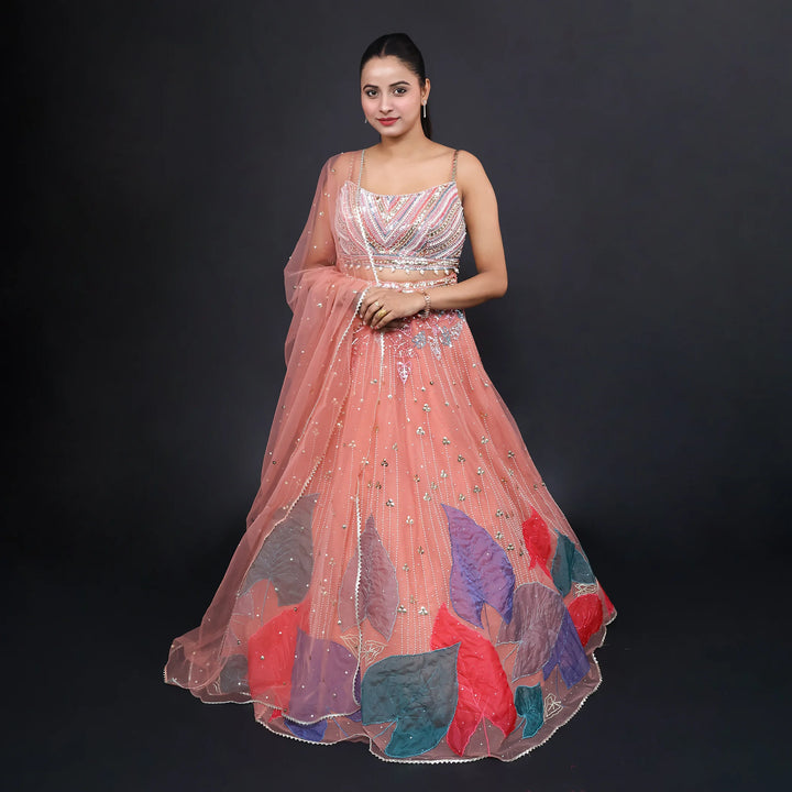 Dark Peach Crop Top Lehenga with Dupatta-Vastrachowk