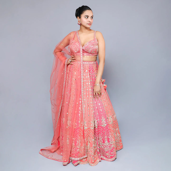 Elegant Gajri & Pink Crop Top Lehenga- Vastrachowk