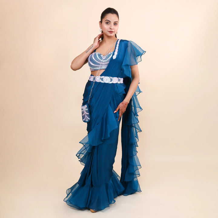 Elegant Peacock Blue Drape Saree- Vastrachowk