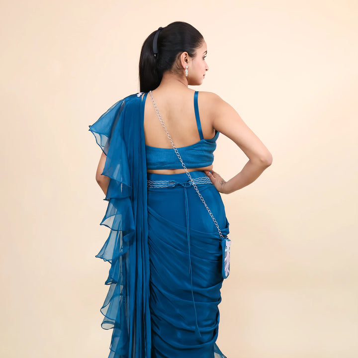 Elegant Peacock Blue Drape Saree- Vastrachowk