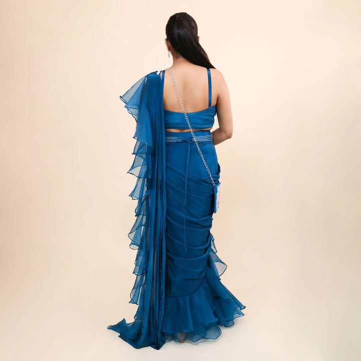 Elegant Peacock Blue Drape Saree- Vastrachowk