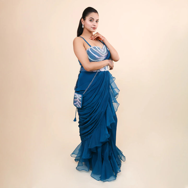 Elegant Peacock Blue Drape Saree- Vastrachowk