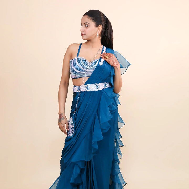 Elegant Peacock Blue Drape Saree- Vastrachowk