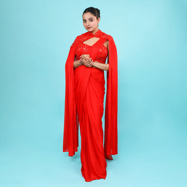 Elegant Red Drape Saree with Shoulder Cape