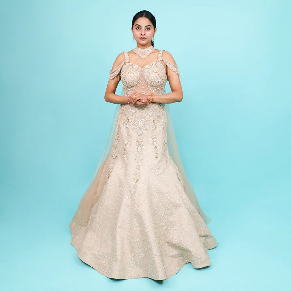 Fish Cut Engagement Gown with Choker Dupatta