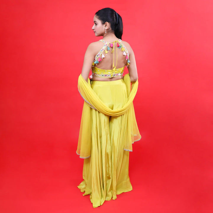 Halter Neck Crop Top Sharara with dupatta- Vastrachowk